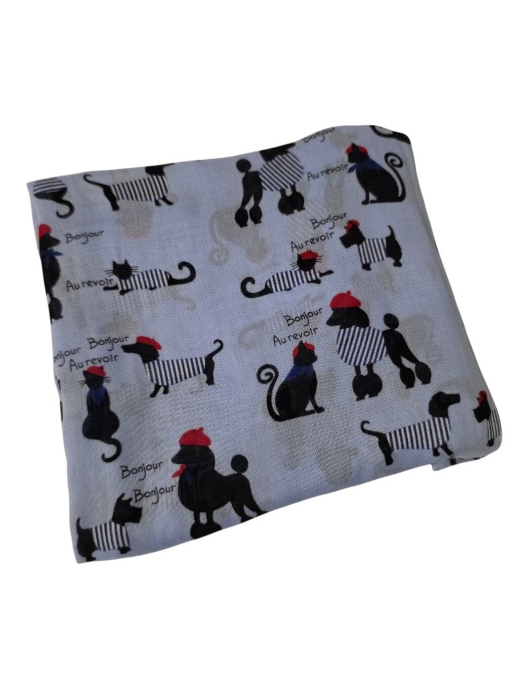 Talbots Paris Bonjour Au Revoir Dog Cat Print Scarf Blue Viscose Wrap Shawl